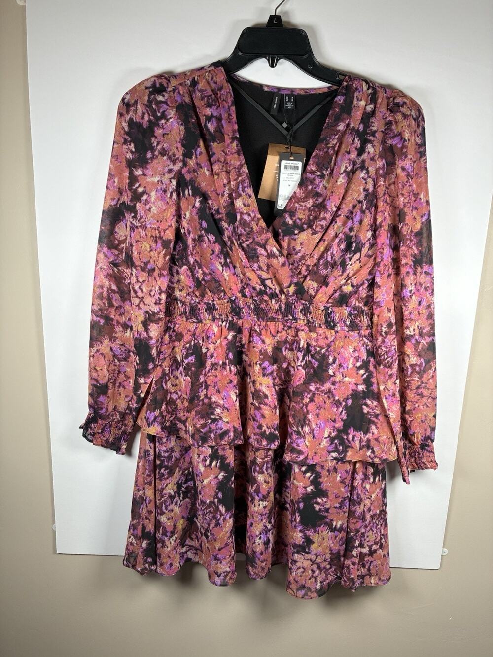 Vero Moda M Purple Floral Long Sleeve Tiered Mini Dress NWT V Neck Wedding